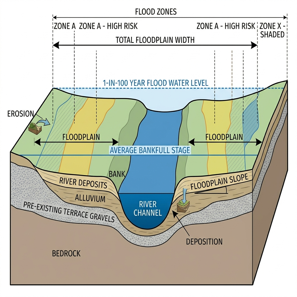 Overland flow and surface water ponding across low-lying land