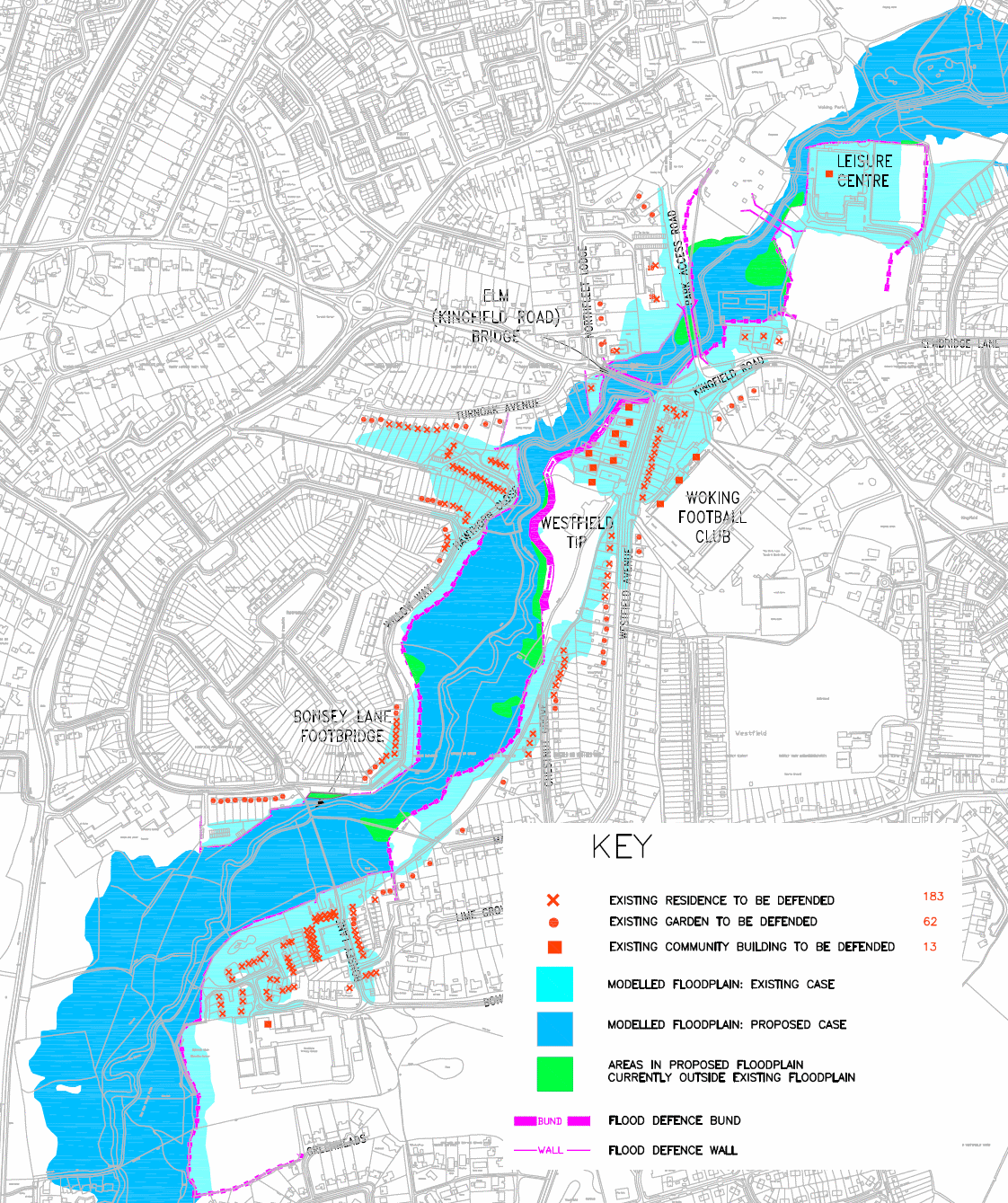 Flood defence scheme layout plan for the Hoe Valley scheme, Woking